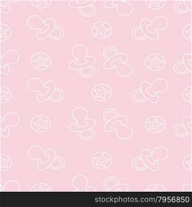 Baby seamless pattern. Pink and white color. Children&rsquo;s book illustration. The image pacifiers and round balls with stars.For printing on fabric and paper.
