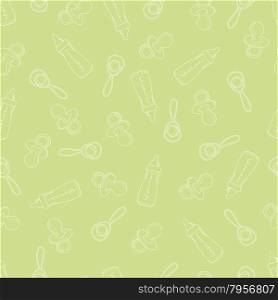 Baby seamless pattern. White and green color. Children&rsquo;s illustration. The image of pacifiers , bottles and rattles.For printing on fabric and paper.