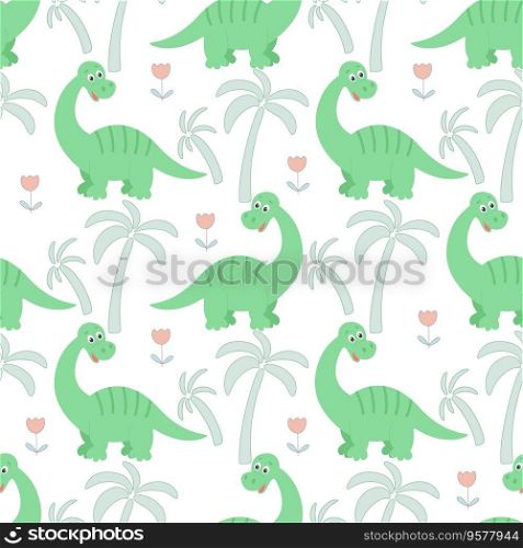 Baby seamless pattern with dinosaurs. Cute dino, palms and flowers background. Prehistoric characters print for textiles, paper, wallpapers. Wild animals, flowers and palms, continuous line vector illustration. Baby seamless pattern with dinosaurs