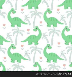 Baby seamless pattern with dinosaurs. Cute dino, palms and flowers background. Prehistoric characters print for textiles, paper, wallpapers. Wild animals, flowers and palms, continuous line vector illustration. Baby seamless pattern with dinosaurs