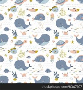 Baby seamless pattern with marine life. Vector background in simple hand drawn scandinavian cartoon doodle style. Limited pastel palette Ideal for baby clothes, fabric, textiles, nursery decoration, wrapping paper. Baby seamless pattern with marine life. Vector background in simple hand drawn scandinavian cartoon doodle style.