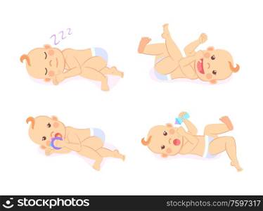 Baby set vector, isolated kid wearing diaper playing with bottle flat style. Child smiling and sucking thumb, childhood character sleeping and laying. Baby Sleeping and Holding Bottle with Milk Set