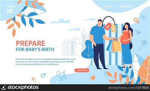 Baby Shop Discount Trendy Flat Vector Web Banner, Landing Page Template. Waiting Baby Couple, Pregnant Woman and Father Preparing to Childbirth, Buying Child Goods, Shopping on Store Sale Illustration