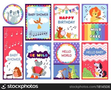 Baby shower animal cards. Cute greetings, kids safari jungle lion flyers. Bright happy birthday invitation banner vector collection. Illustration childish birthday and lovely animal baby shower. Baby shower animal cards. Cute greetings, kids safari jungle lion flyers. Bright happy birthday invitation banners decent vector collection