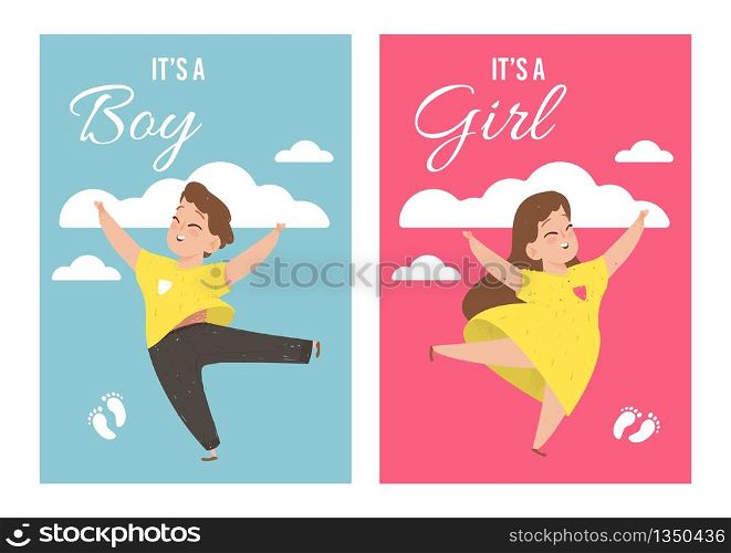 Baby Shower Announcement Cards Templates Set. Lovely Children Boy and Girl Jumping on Blue and Pink Background with Clouds. Printable Banners with Kids and Typography. Cartoon Flat Vector Illustration. Baby Shower Announcement Cards Templates Set.