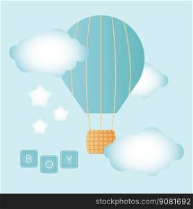 Baby shower banner with air balloonand clouds on blue background. It s a boy. Vector illustration. Baby shower banner with air balloonand clouds on blue background. It s a boy.