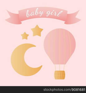Baby shower banner with balloon, moon, star and text Baby Girl on pink background. It s a girl. Vector illustration. Baby shower banner with balloon, moon, star and text Baby Girl on pink background. It s a girl.