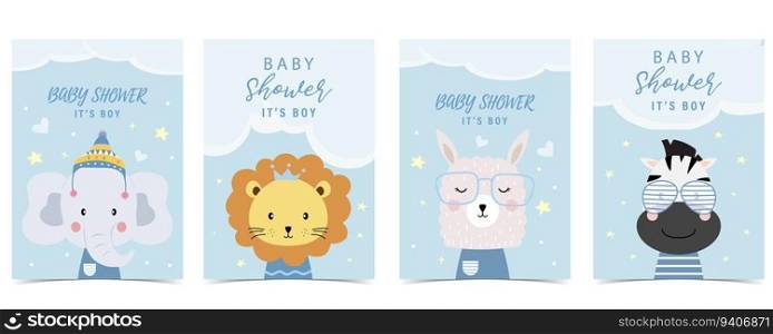 Baby shower blue invitation card for boy with animal