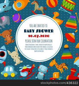 Baby shower, born celebration vector background or invitation card with kids toys. Baby shower invitation banner illustration. Baby shower, born celebration vector background or invitation card with kids toys