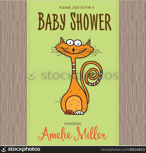 baby shower card template with funny doodle cat, vector format