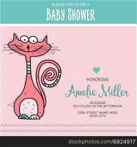 baby shower card template with funny doodle cat, vector format