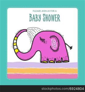 baby shower card template with funny doodle elephant, vector format