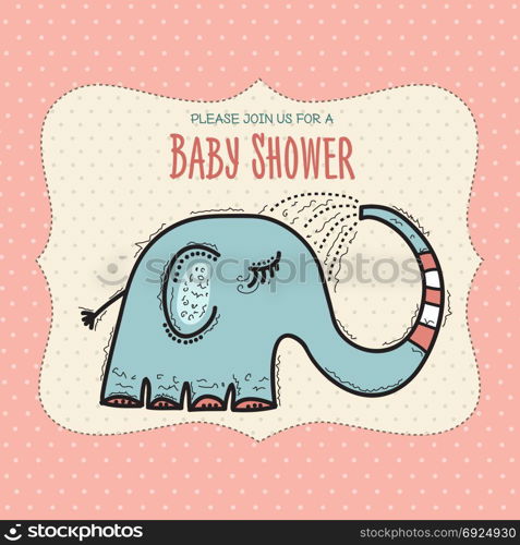 baby shower card template with funny doodle elephant, vector format