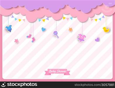 Baby shower card with clothes and toy on pink background