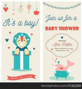 Baby shower double invitation card with a cute dinosaur and whale. It is a boy. Baby shower double invitation card with a cute dinosaur and happy whale. It is a boy