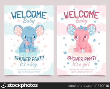 Baby shower elephant. Invitation card for newborn boy and girl party with elephants on cloud. Welcome kid banner with cute animal vector set. Celebrating happy event, birth of child. Baby shower elephant. Invitation card for newborn boy and girl party with elephants on cloud. Welcome kid banner with cute animal vector set