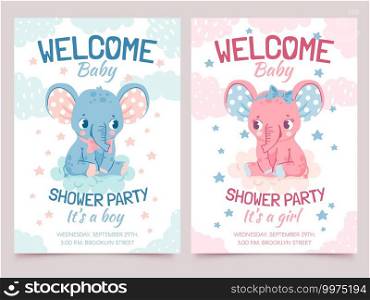 Baby shower elephant. Invitation card for newborn boy and girl party with elephants on cloud. Welcome kid banner with cute animal vector set. Celebrating happy event, birth of child. Baby shower elephant. Invitation card for newborn boy and girl party with elephants on cloud. Welcome kid banner with cute animal vector set