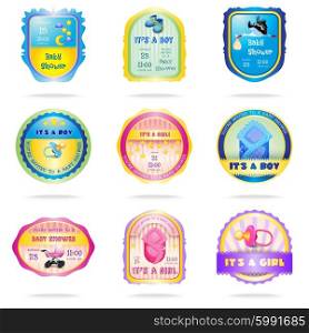 Baby shower emblems. Baby shower emblems set with newborn girl and boy announcements