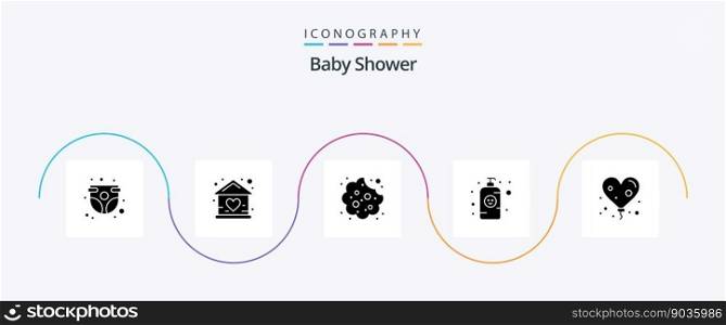 Baby Shower Glyph 5 Icon Pack Including lotion bottle. baby shampoo. home. baby lotion. eat