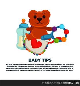 Baby shower greeting card for boy or girl child birth or invitation poster with text lettering. Vector baby bear toy, rattle or milk bottle nipple and baby diapers for happy motherhood design template. Baby shower greeting card for boy or girl child birth or invitation poster with text lettering.