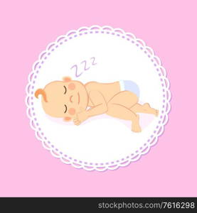 Baby shower greeting card, newborn lying on side and sleeping. Vector dormant child in diaper cartoon boy or girl infant. Kids milestones, 1 to 6 month. Baby Shower Greeting Card, Newborn Lying on Side
