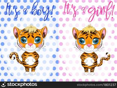 Baby Shower greeting card with Cute boy and girl. Cartoon tiger with expressive eyes. Wild animals, character, childish cute style. Baby Shower greeting card with Cute boy and girl. Cartoon tiger with expressive eyes. Wild animals, character, childish style