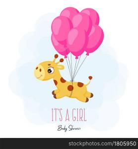 "Baby Shower greeting card with cute little giraffe flying on pink balloons. Funny magic unicorn cartoon character with phrase "It&rsquo;s a girl". Bright colored childish stock vector illustration."