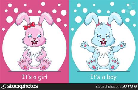 Baby Shower Greeting Card with Rabbits Boy and Girl, Smiling Children. Baby Shower Greeting Card with Rabbits Boy and Girl, Smiling Children - Illustration Vector