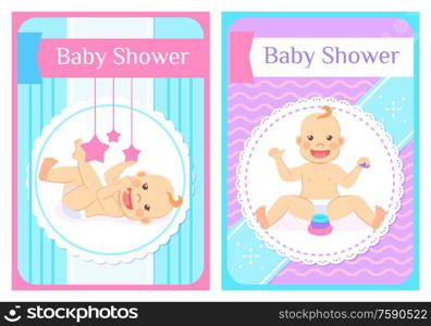 Baby shower greeting cards, child sits without support and playing with blocks and lying on back with mobile stars rattle. Vector infant in diapers. Baby Shower Greeting Cards, Child Sits and Lays