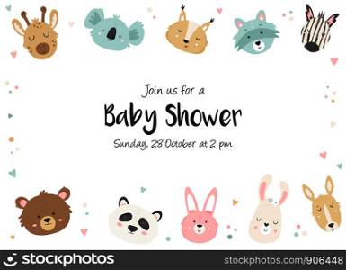 Baby Shower horizontal Invitation with cute hand drawn animals. Baby Shower Card Template.. Baby Shower Invitation with cute animals.