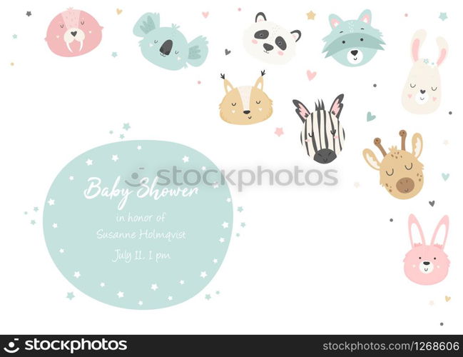 Baby Shower horizontal Invitation with cute hand drawn animals walrus, koala, squirrel, panda, zebra, giraffe, rabbit, raccoon, llama. Baby Shower Card Template.. Baby Shower Invitation with cute animals.