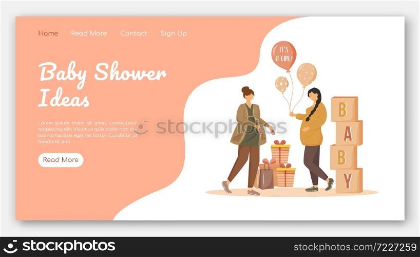 Baby shower ideas landing page vector template. Party for expecting mother website interface idea with flat illustrations. Maternity preparation homepage layout. Web banner, webpage cartoon concept. Baby shower ideas landing page vector template