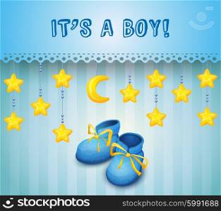 Baby shower invitation. Boy baby shower invitation with kid shoes on blue background vector illustration