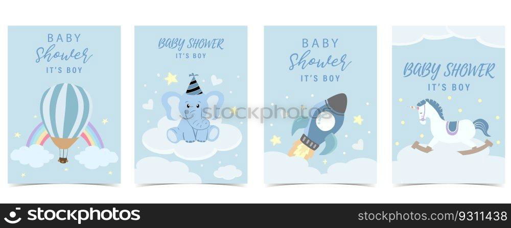 Baby shower invitation card for boy with balloon, cloud,sky, elephant