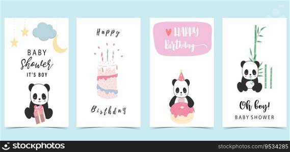 Baby shower invitation card for boy with panda, cake,bamboo, sky