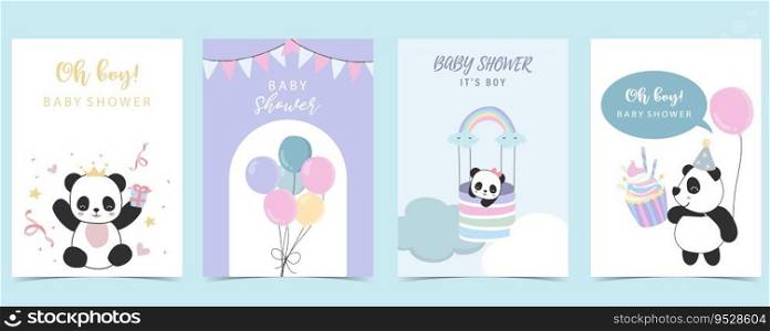 Baby shower invitation card for boy with panda, cloud, balloon, blue
