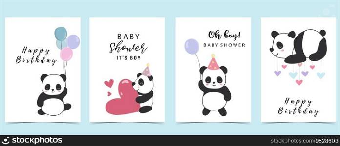 Baby shower invitation card for boy with panda, heart, balloon, blue