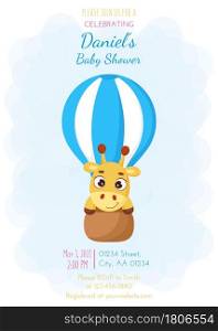 Baby Shower invitation card template with cute little giraffe flying on hot air balloon. Funny cartoon character. It&rsquo;s a boy. Bright colored childish stock vector illustration