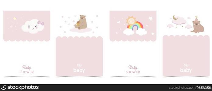 Baby shower invitation card with bear,cloud,rainbow for kid birthday, celebration
