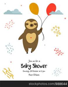 Baby Shower invitation card with cute sloth. Greeting banner, poster. Welcome baby. Baby Shower invitation card with cute sloth.
