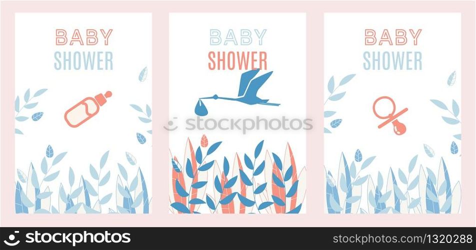 Baby Shower Invitation Cartoon Cards Set. Simple Flat Design with Grass, Plants Foliage, Nipples, Feeding Milk Bottle and Stork Carrying Baby in Wrap. Party before Birth. Vector Greeting Illustration. Baby Shower Invitation Simple Design Cards Set