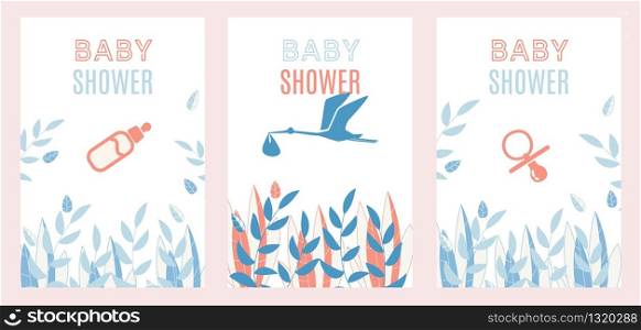 Baby Shower Invitation Cartoon Cards Set. Simple Flat Design with Grass, Plants Foliage, Nipples, Feeding Milk Bottle and Stork Carrying Baby in Wrap. Party before Birth. Vector Greeting Illustration. Baby Shower Invitation Simple Design Cards Set