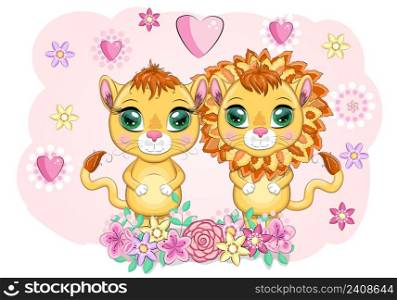 baby shower invitation for boy and girl.Blue and pink chevron background with Cute cartoon lion and lioness with big eyes in a bright style of children. baby shower invitation for boy and girl.Blue and pink chevron background with Cute cartoon lion and lioness with big eyes in a bright style of children.