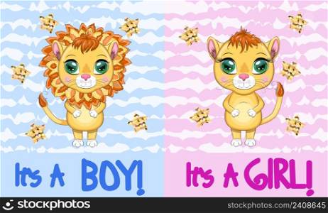 baby shower invitation for boy and girl.Blue and pink chevron background with Cute cartoon lion and lioness with big eyes in a bright style of children. baby shower invitation for boy and girl.Blue and pink chevron background with Cute cartoon lion and lioness with big eyes in a bright style of children.