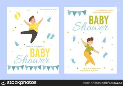 Baby Shower Invitation or Greeting Cards Set with Cute Little Boys Dancing on White Background with Festive Decoration and Flags Garlands. Creative Typography Flyer Cartoon Flat Vector Illustration. Baby Shower Invitation Greeting Cards with Boys