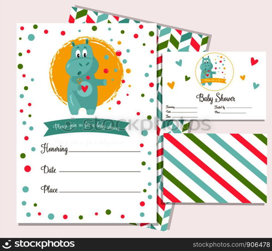 Baby shower invitation template with funny cartoon hippo. Baby shower invitation template with funny hippo