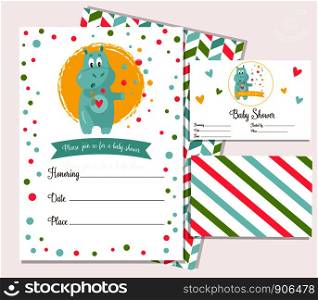 Baby shower invitation template with funny cartoon hippo. Baby shower invitation template with funny hippo
