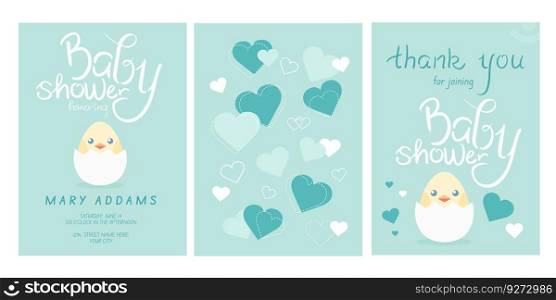 Baby shower invitation templates set. Honoring mommy to be. Invitation and thank you cards with lettering, hearts and a cute little chick in cracked egg. Vector art