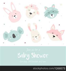 Baby Shower Invitation with cute hand drawn animals rabbit, lamb, raccoon, koala, llama, fox. Baby Shower Card Template.. Baby Shower Invitation with cute animals