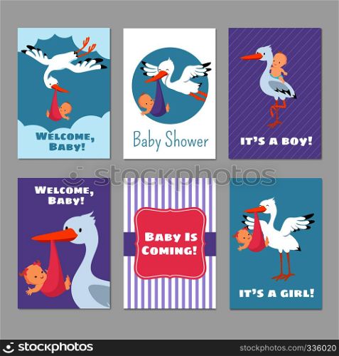 Baby shower invitations vector cards with stork and baby. Arrival boy or girl illustration. Baby shower invitations vector cards with stork and baby
